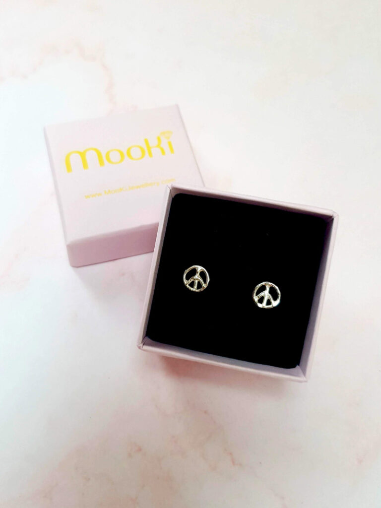 mooki jewellery peace studs recycled silver dainty