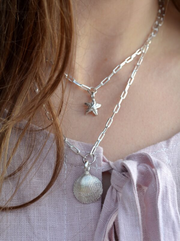 starfish clam shell trace necklace paperclip chain pendant tidal treasures mooki jewellery sustainable silversmith british designer grimsby jewellers