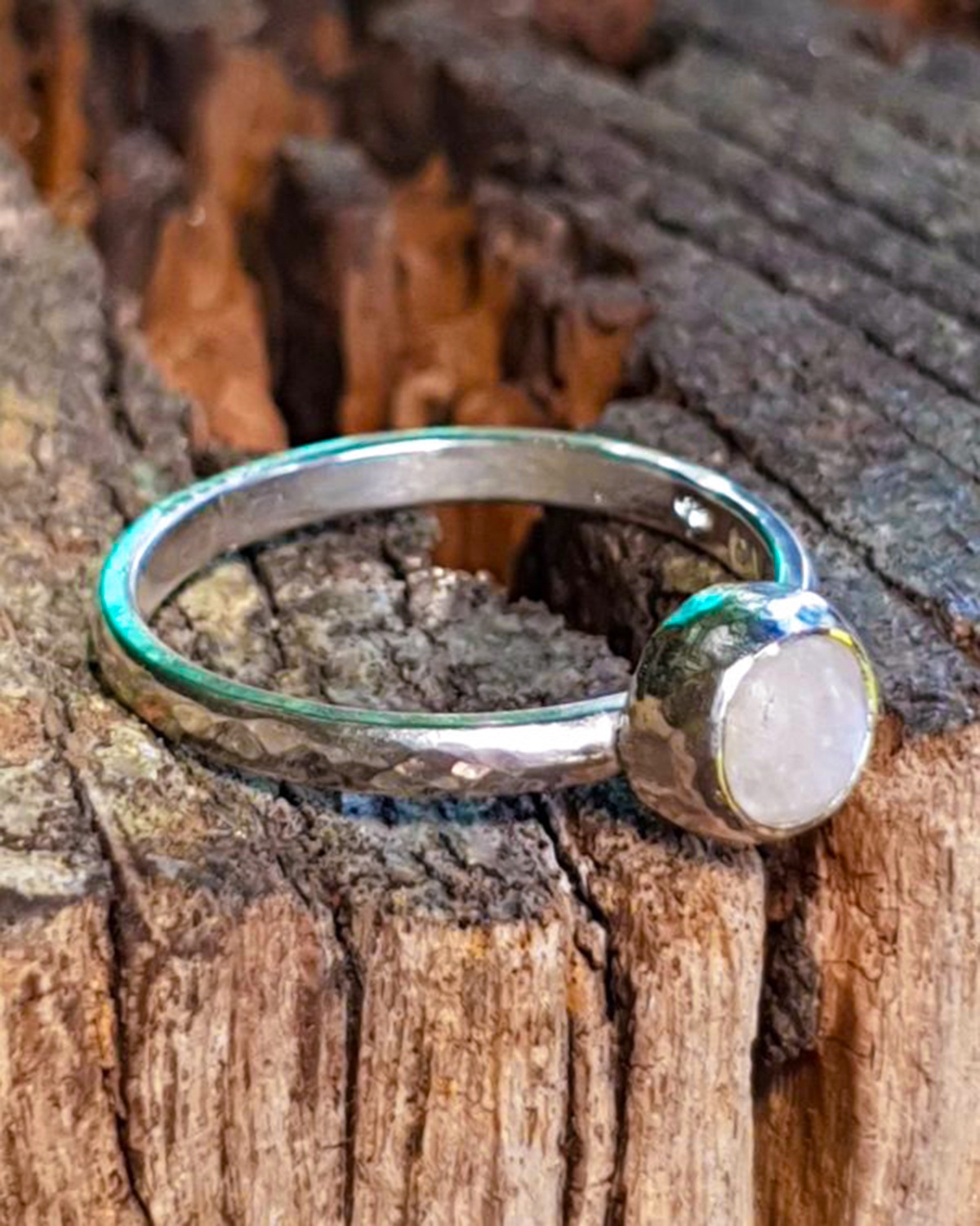selene ring rainbow moonstone organic hammered recycled silver unique handmade mooki jewellery