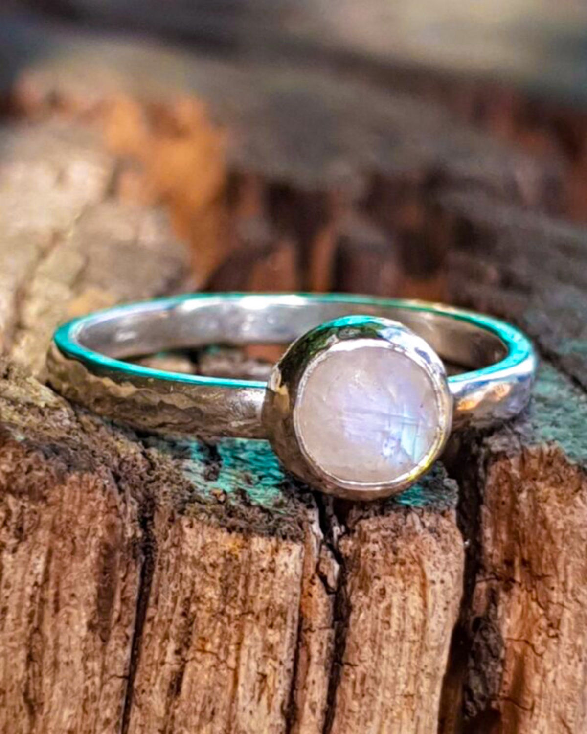 selene ring rainbow moonstone organic hammered recycled silver unique handmade mooki jewellery