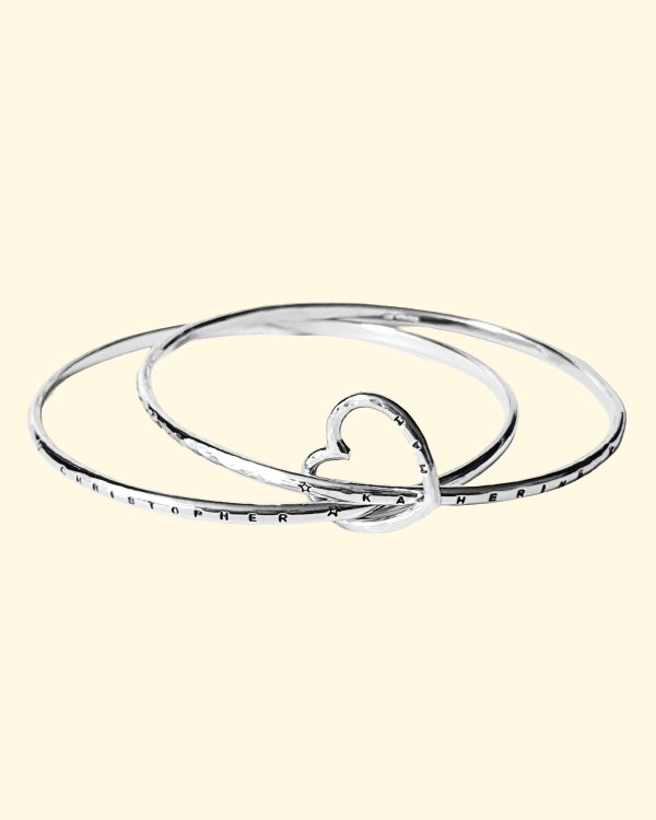 family tree bangle double two heart name personalised engraved hand stamped luxury recycled sterling silver hand made unique mooki jewellery