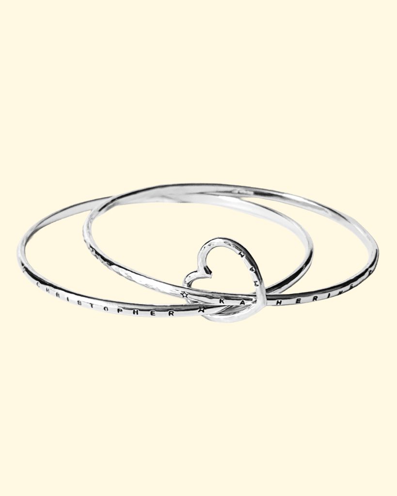 family tree bangle double two heart name personalised engraved hand stamped luxury recycled sterling silver hand made unique mooki jewellery