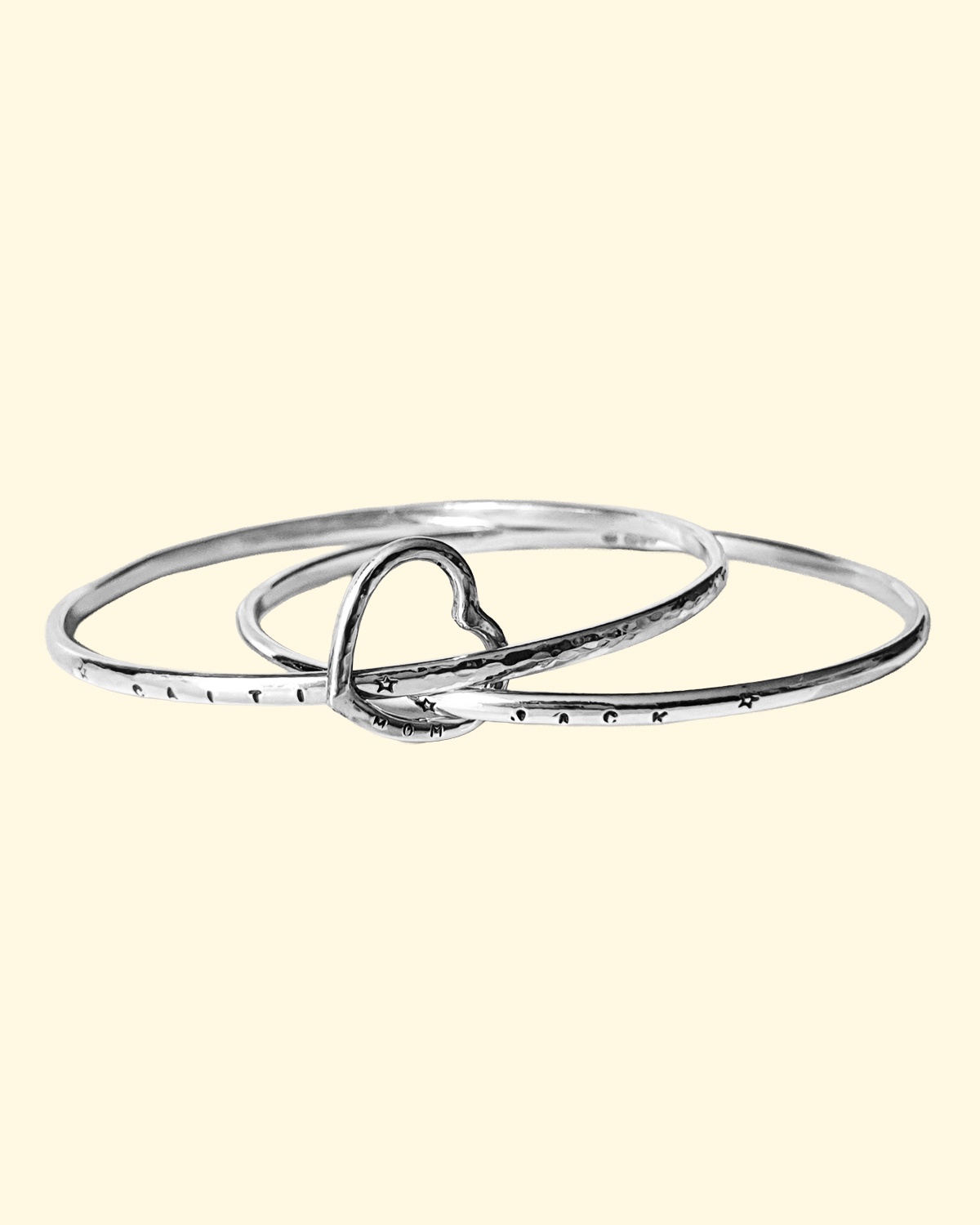 family tree bangle double two heart name personalised engraved hand stamped luxury recycled sterling silver hand made unique mooki jewellery