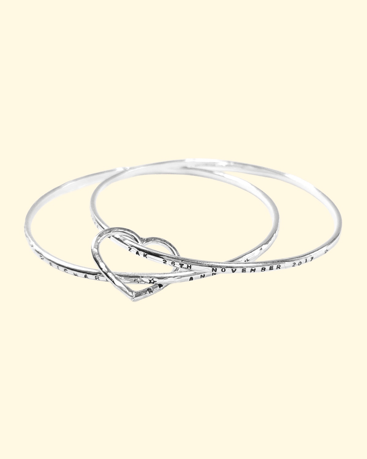 family tree bangle double two heart name personalised engraved hand stamped luxury recycled sterling silver hand made unique mooki jewellery