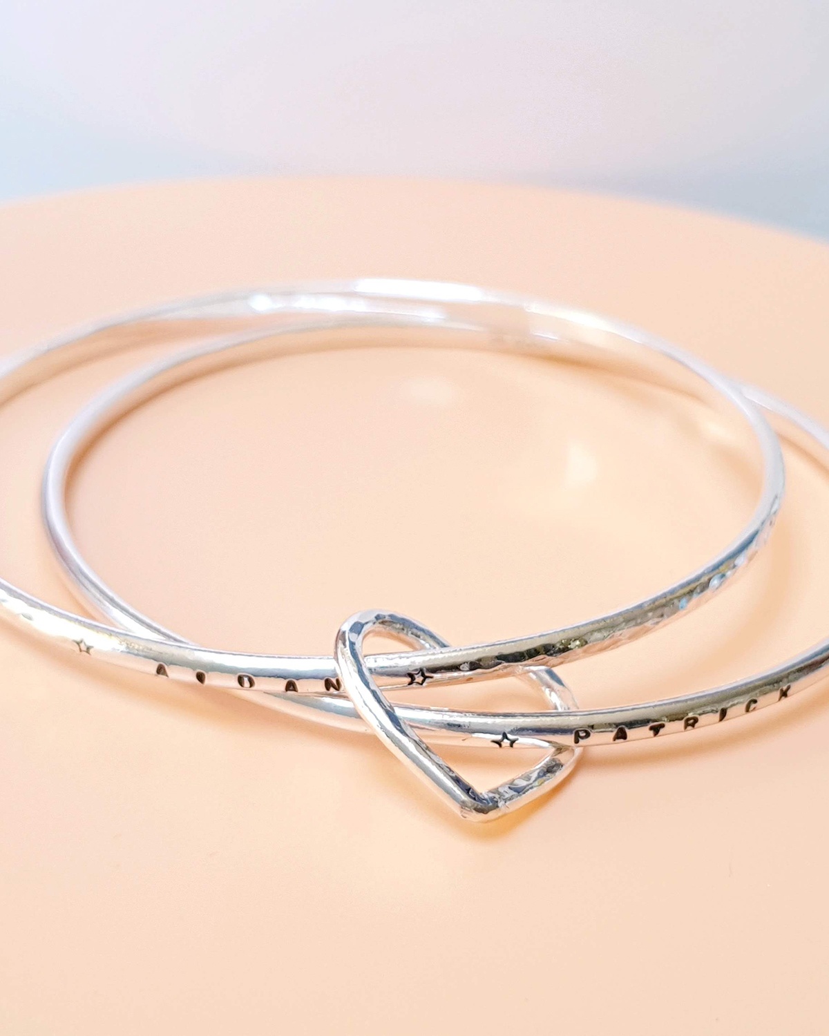 family tree bangle double two heart name personalised engraved hand stamped luxury recycled sterling silver hand made unique mooki jewellery