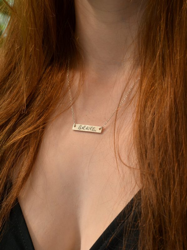 handwriting bar necklace deep engraved names words personalised sterling silver mooki jewellery