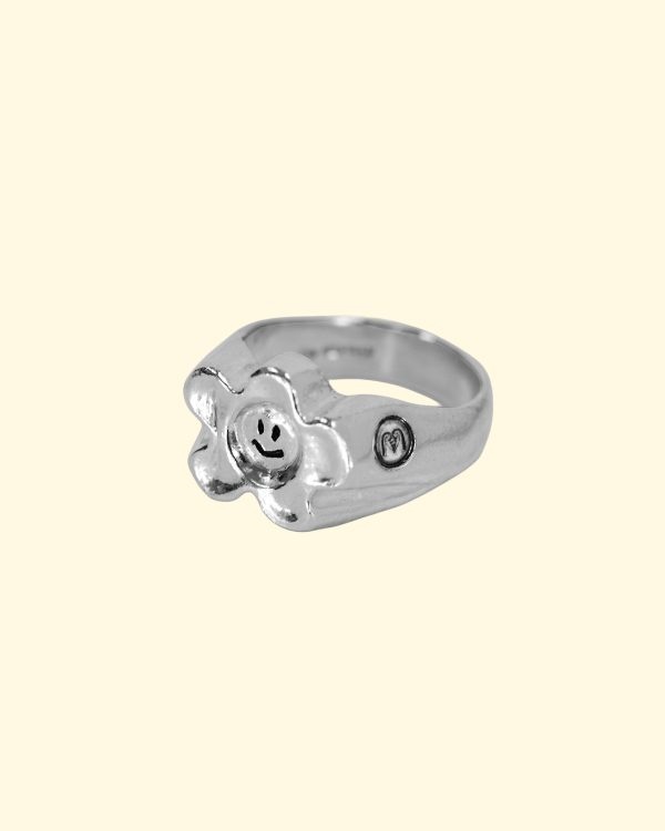 groovy bloom ring mooki jewellery silver wonky smiley flower