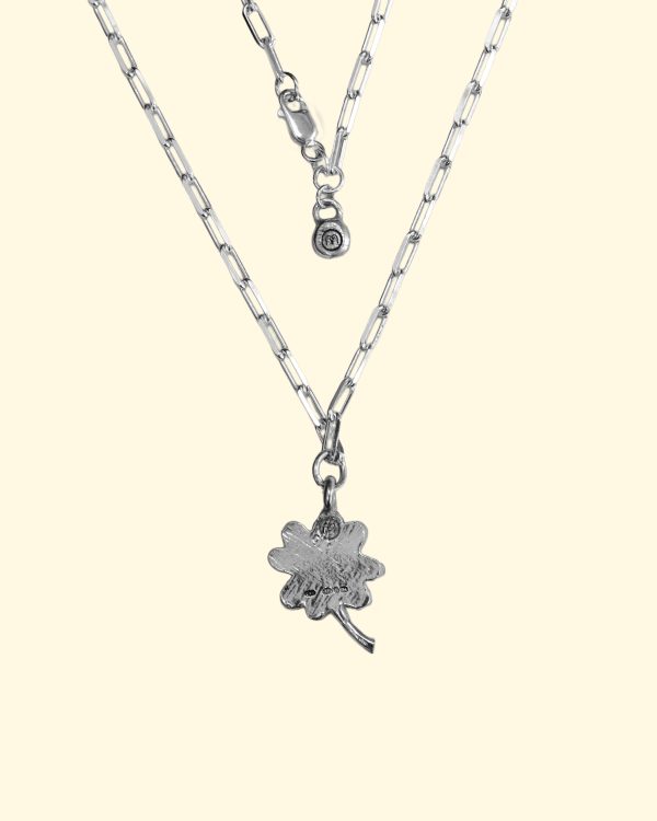 lucky clover trace necklace shamrock 4 four leaf luxury recycled sterling silver hand made unique mooki jewellery