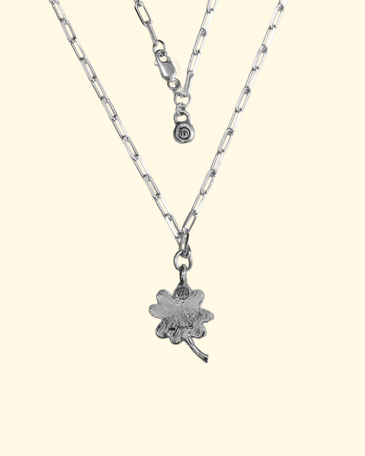 lucky clover trace necklace shamrock 4 four leaf luxury recycled sterling silver hand made unique mooki jewellery