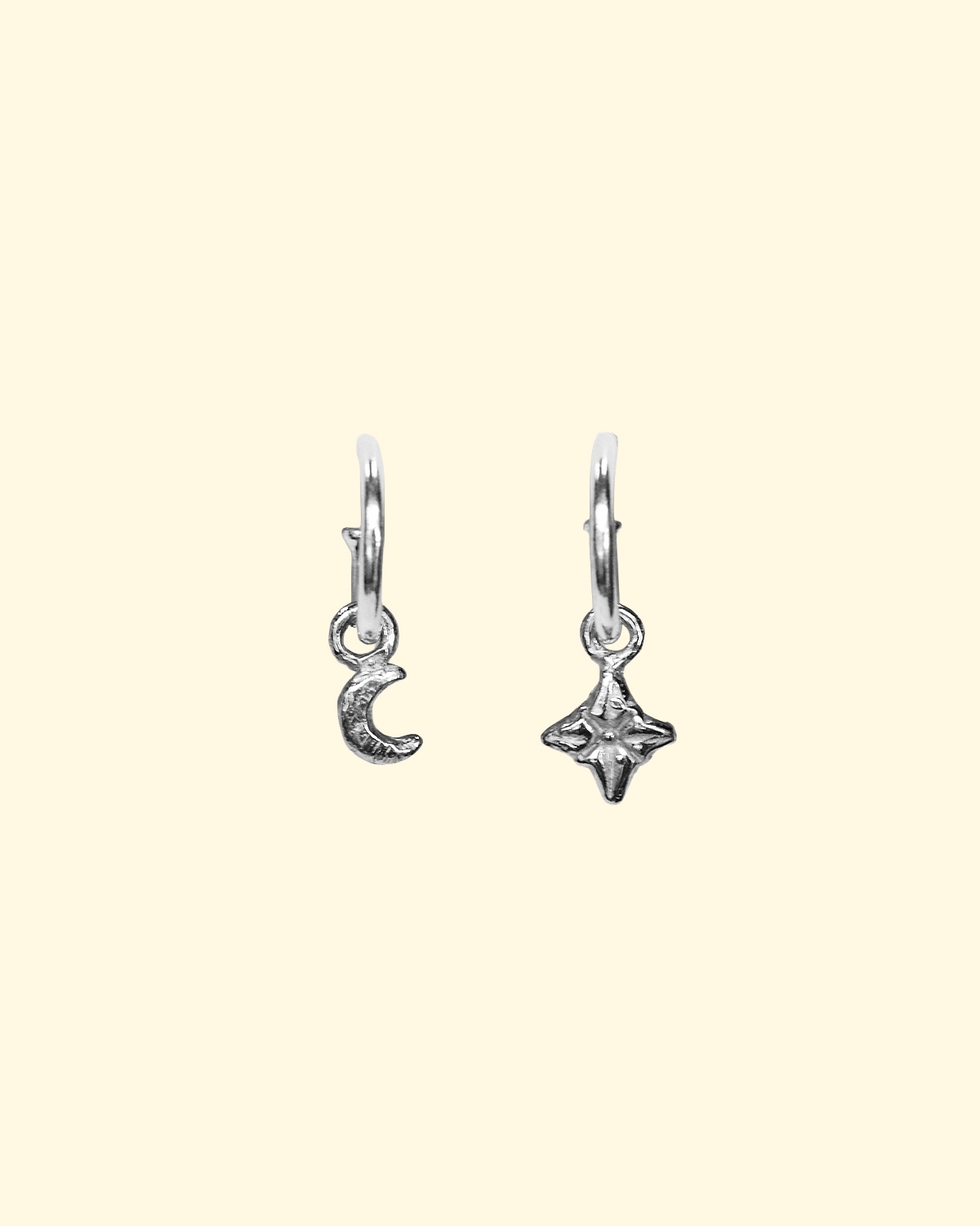 cosmic hoops tiny moon north star celestial earrings unique handmade recycled sterling silver mooki jewellery