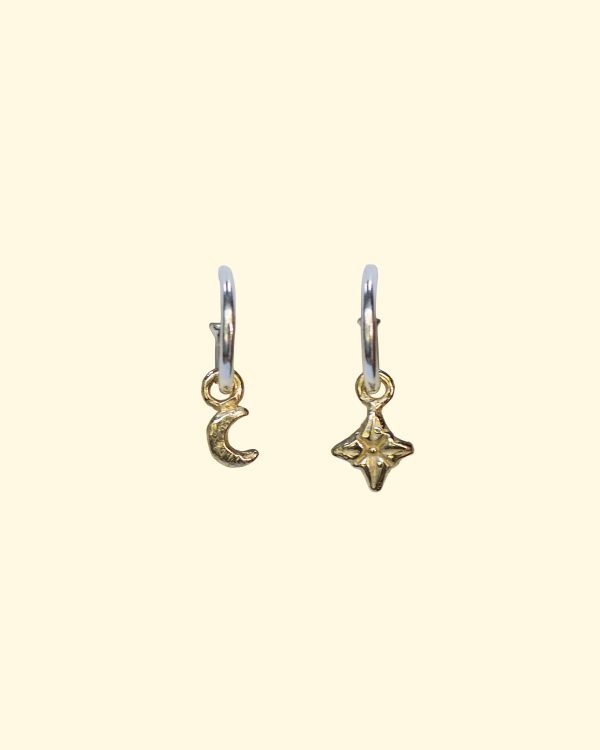 cosmic hoops tiny moon north star celestial earrings unique handmade recylced solid gold mooki jewellery
