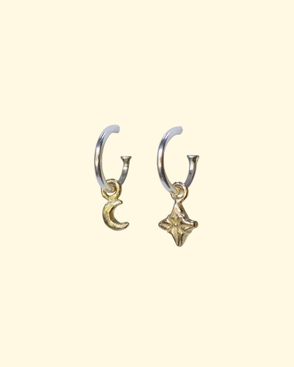cosmic hoops tiny moon north star celestial earrings unique handmade recylced solid gold mooki jewellery