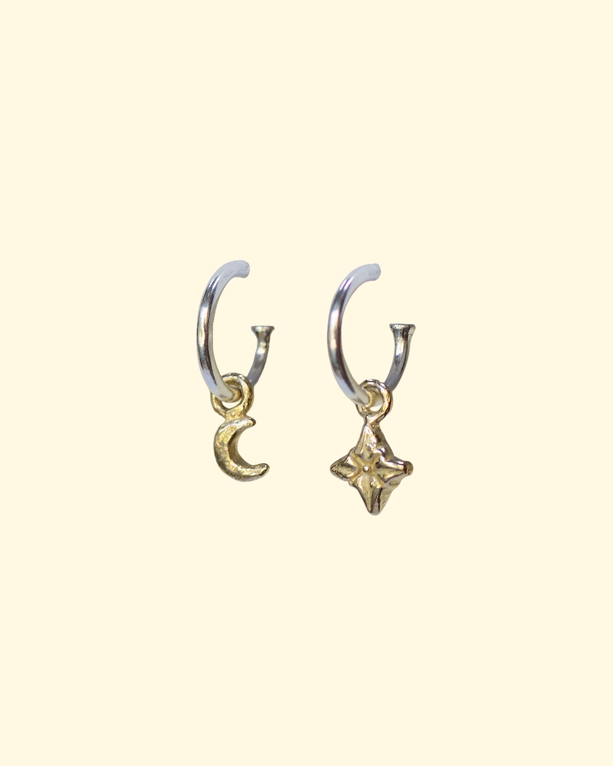 cosmic hoops tiny moon north star celestial earrings unique handmade recylced solid gold mooki jewellery