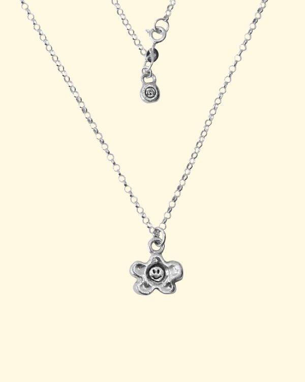 groovy bloom necklace smiley face flower wonky belcher luxury recycled sterling silver hand made unique mooki jewellery