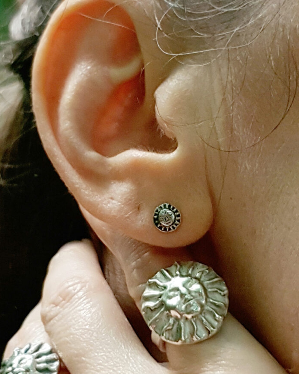 surya studs tiny sun face recycled sterling silver earrings mooki jewellery handmade unique